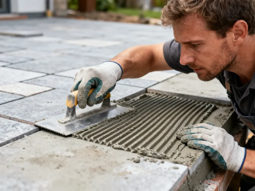 Mężczyzna w rękawicach roboczych nakłada klej na betonową powierzchnię za pomocą pacy zębatej podczas prac na tarasie.