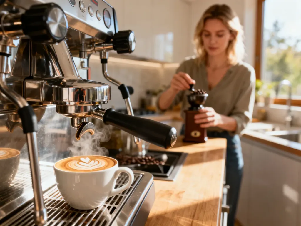Profesjonalny ekspres do kawy w nowoczesnej kuchni z filiżanką świeżego napoju z latte art na pierwszym planie.