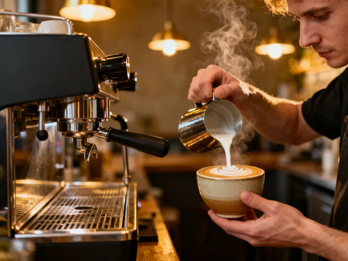 Barista wlewa spienione mleko do filiżanki, tworząc wzór latte art przy nowoczesnym ekspresie do kawy.