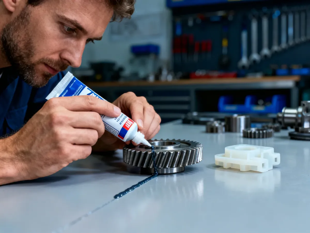 Dłonie nakładające klej przemysłowy na złącze metalowej zębatki i plastikowego elementu w profesjonalnym warsztacie.
