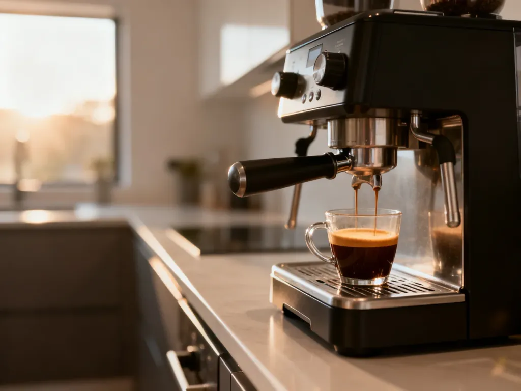 Automatyczny ekspres do kawy Krups przygotowujący świeże espresso z gęstą cremą w nowoczesnej kuchni.